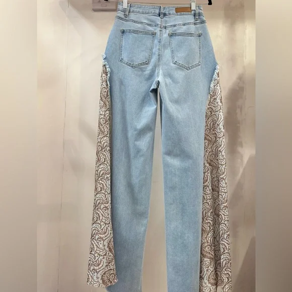 Light Blue Jeans Paisley Polyester Print on side of the Wide Leg Size: XS - Picture 4 of 10